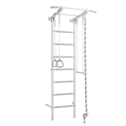 Sensory Swedish Wall Bars with climbing rope, gymnastic rings, and horizontal ladder for physical activity and sensory play