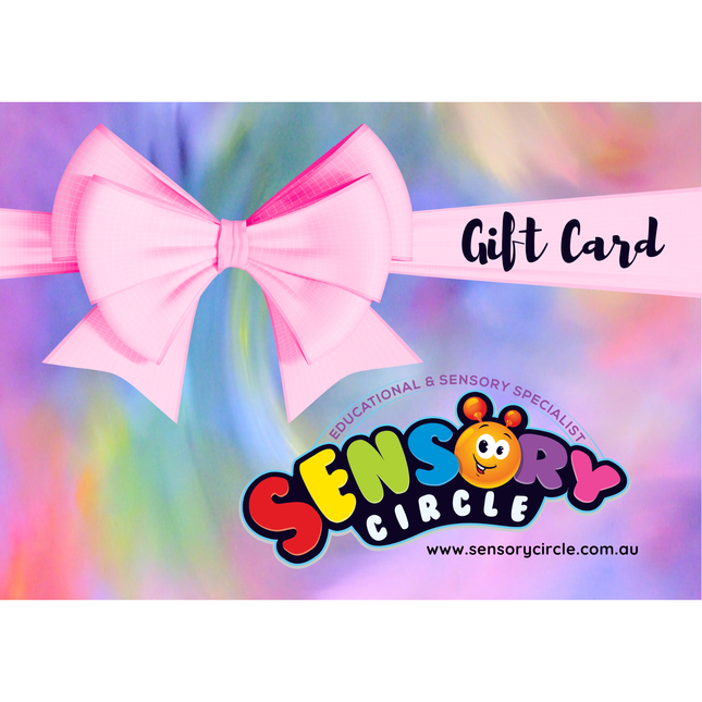 Sensory Circle Gift Card with pink ribbon on colorful background helping families thrive with tools to calm, connect, support.