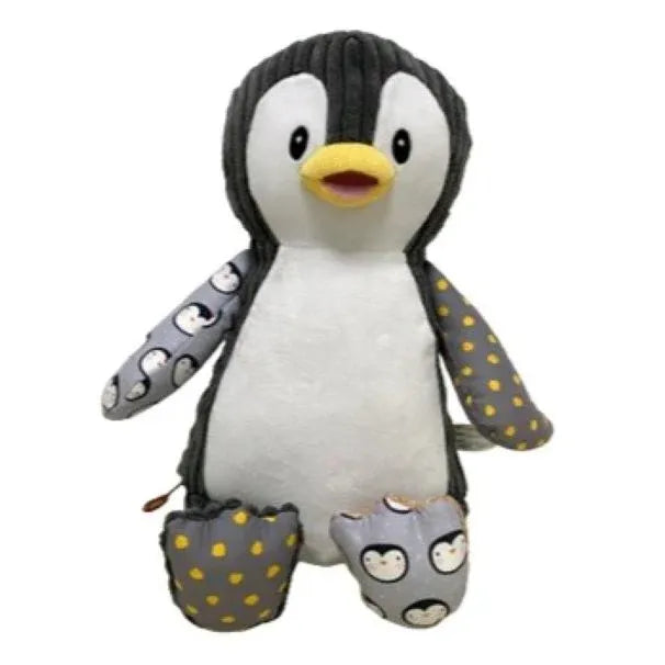 Soft plush penguin with patterned arms and feet designed as Weighted Animals - Sensory Penguin (incl crinkle plastic)