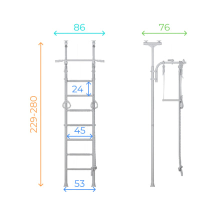 Dimensions and structure of the Sensory Swedish Climbing Frame - No Drill shown with height and width measurements