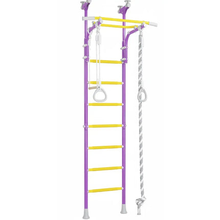 Sensory Swedish Climbing Frame - No Drill with purple frame, yellow rungs, white rings, and climbing rope for sensory play.
