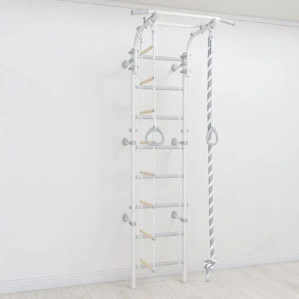 Sensory Swedish Wall Bars - Adjustable mounted with wooden rungs, rings, and a rope for sensory and motor support.