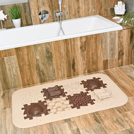 Sensory playmats End pieces in brown and beige with textured surfaces on bathroom floor, helping families thrive with tools to calm connect support