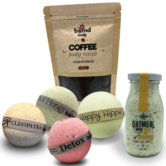 Luxury Bath Bomb Soak & Body Scrub Gift Set includes Coffee Scrub Soak Bombs and Cute Vintage Milk Bottle Bubble Salt helping families thrive.