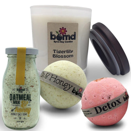 Relaxing Bath Bomb Body Soak Gift Set with Hand Poured Byron Sunset Candle helping families thrive with tools to calm connect support