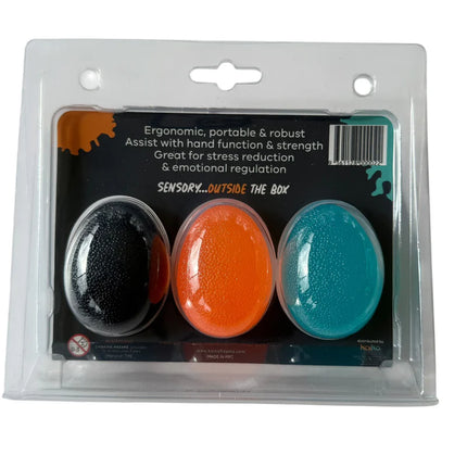 Hand Exerciser Stress Eggs set in black, orange, and teal for hand strength and stress relief.