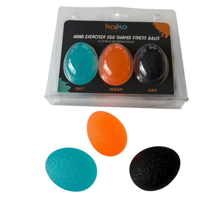 Set of three Hand Exerciser Stress Eggs in soft, medium, and firm resistance for sensory fidget and stress relief.