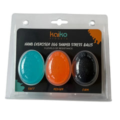 Hand Exerciser Stress Eggs in blue, orange, and black with three resistance levels for sensory and stress relief.