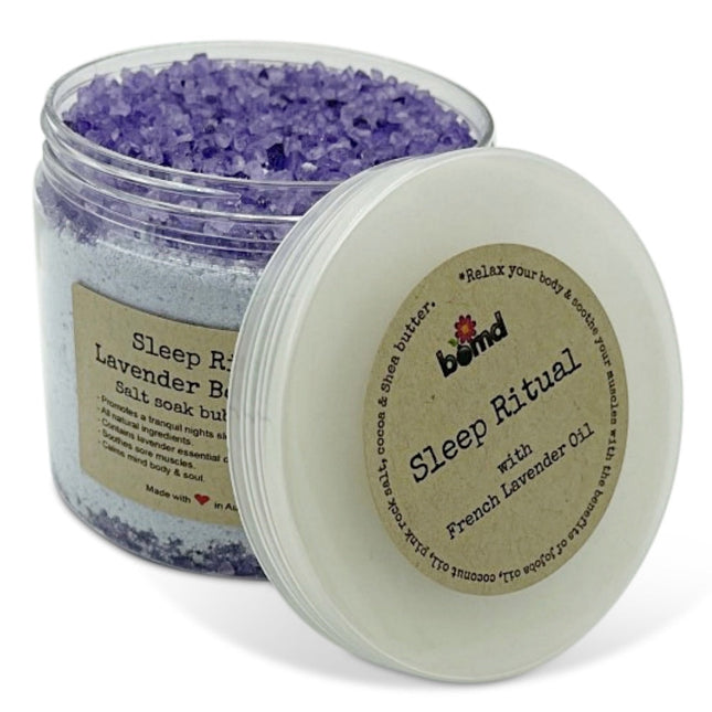 Sleep Ritual French Lavender Body & Muscle Soak Bubbling Salt Crystal Bath in clear jar with purple crystals and white lid