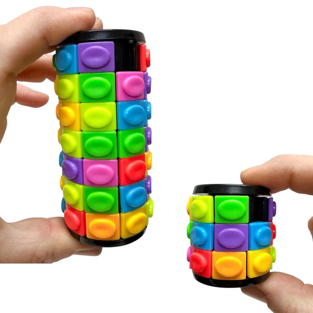 Hands holding colorful sensory fidget toys with buttons in the Slide & Rotate Puzzle - Twin Pack