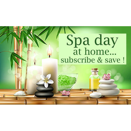 Calming spa scene with candles, oils, stones, and bamboo promoting Spa Day at Home Luxury Subscription (every 3 months).