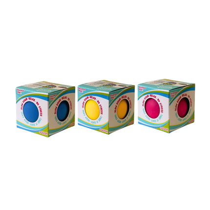 Three colorful squishy toy boxes arranged side by side on a white background