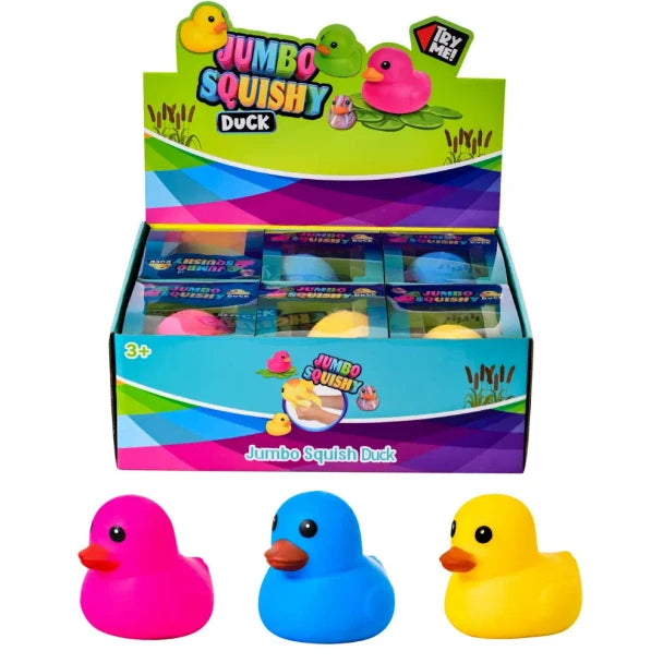 Squishy Jumbo Sitting Duck sensory squishy toys in pink blue and yellow