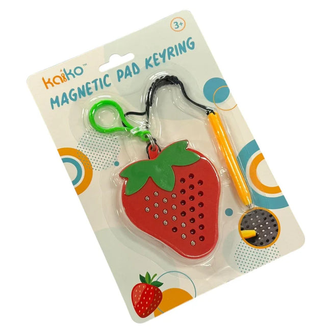Strawberry Magnetic Pad Keyring featuring a red strawberry-shaped magnetic drawing pad with green leaves, attached to a keyring with a yellow stylus pen.