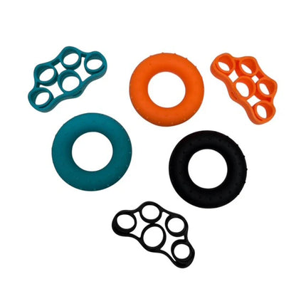 Stretch Bands & Stress Rings - Boxed Set of 6 featuring circular and finger-looped designs in orange, teal, and black to aid sensory and stress relief.