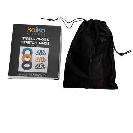 Stretch Bands & Stress Rings - Boxed Set of 6 displayed alongside a black drawstring storage pouch, designed for sensory and stress relief use.