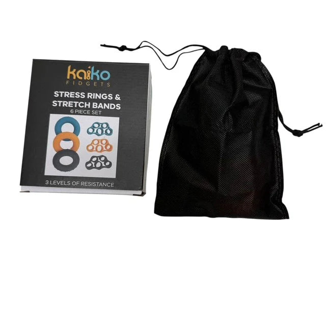 Stretch Bands & Stress Rings - Boxed Set of 6 displayed alongside a black drawstring storage pouch, designed for sensory and stress relief use.