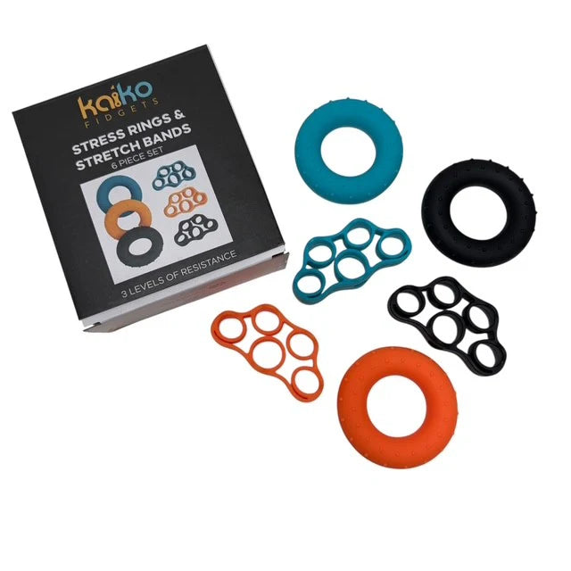 Stretch Bands & Stress Rings - Boxed Set of 6 featuring three colors of circular and finger stretch bands designed for hand exercise and stress relief.