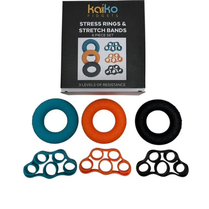 Stretch Bands & Stress Rings - Boxed Set of 6 featuring three circular stretch bands and three finger stress rings in blue, orange, and black with varying resistance levels.