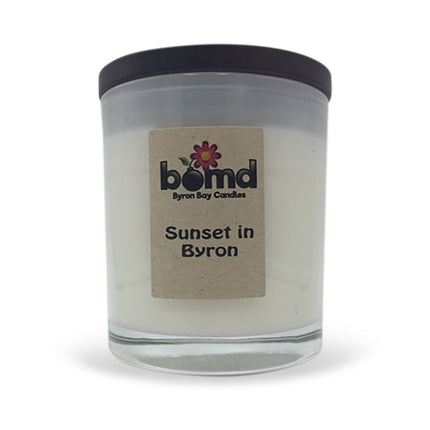 Sunset in Byron 100% Soy Hand Poured Candle with Crackling Wooden Wick, calming sensory lighting aid.