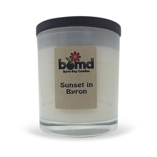 Sunset in Byron 100% Soy Hand Poured Candle with Crackling Wooden Wick, calming sensory lighting aid.