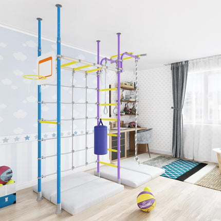 Swedish Home Play gym set - No Drill in colorful poles with climbing nets, basketball hoop, and mats in bright playroom