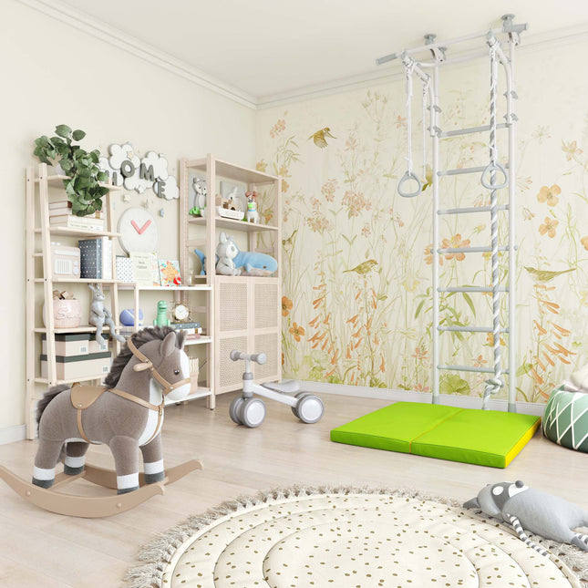 Bright children's playroom featuring Sensory Swedish Climbing Frame - No Drill mounted with green mat underneath.