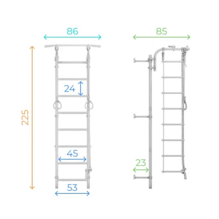 Sensory Swedish Wall Bars - Adjustable showing detailed dimensions for installing and usage support. Helping families thrive with tools to calm, connect and support.