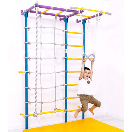 Child playing on colorful Swedish Giant Wallbars - S7 with monkey bars, climbing rope, and gymnastic rings.