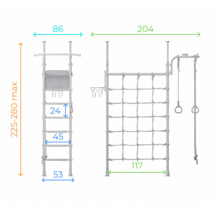 Swedish Home Play gym set - No Drill with climbing net, rings, and basketball hoop, helping families thrive with tools to calm, connect and support