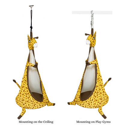 Sensory Swings shaped like a giraffe hanging from ceiling and play gym mounts, helping families thrive with calm support.