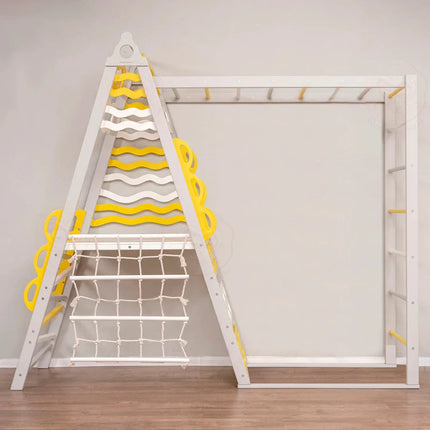 Wooden Teepee Playground with yellow and white design featuring climbing net and monkey bars for sensory play