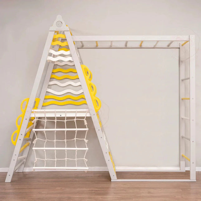Wooden Teepee Playground with yellow and white design featuring climbing net and monkey bars for sensory play