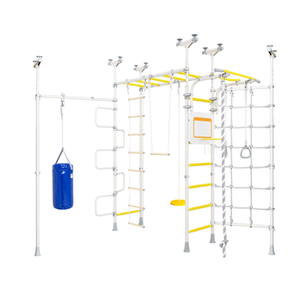 Monkey Bars Swedish Explorer Bundle - No Drill with climbing ropes, ladder, and blue hanging punching bag helping families thrive.