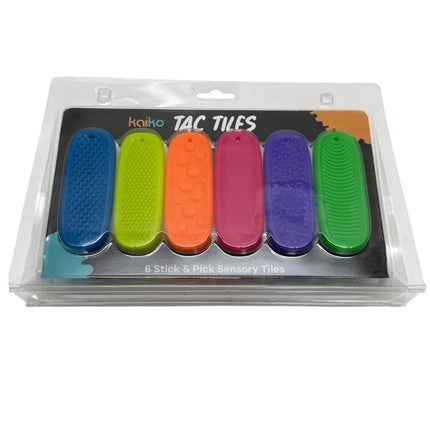 Tac Tiles set of six colorful sensory fidget sticks with various textured surfaces for tactile engagement.