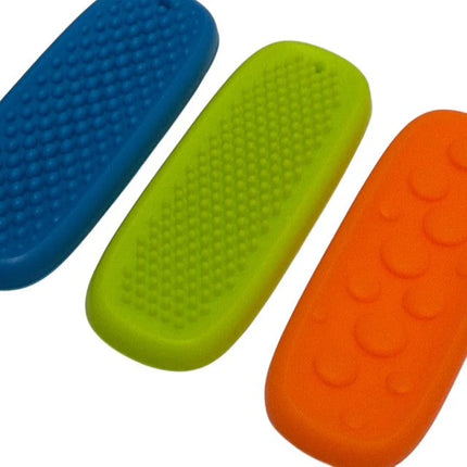 Tac Tiles sensory fidget set in blue, green, and orange with textured surfaces for tactile engagement.
