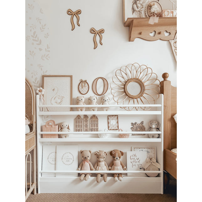 JORY 3 — Front-Facing Bookshelf holding toys and books in a cozy, neutral-toned children’s room setting.