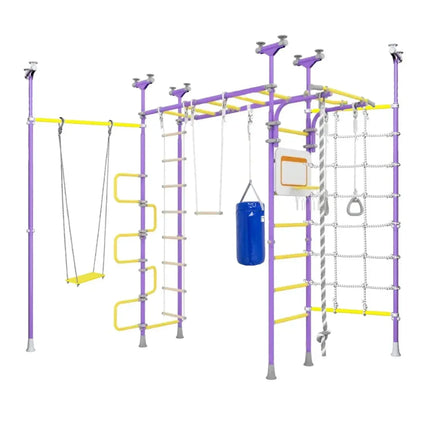 Monkey Bars Swedish Explorer Bundle - No Drill indoor playset with swings, climbing nets, and a punching bag for active kids.
