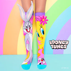 Bright colorful socks featuring Tweety and Bugs Bunny characters with playful 3D ears and flower on a rainbow background, Tweety and Bugs Bunny Socks