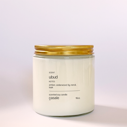 UBUD DOUBLE WICKED SOY CANDLE (16oz / 453g) with calming amber, cedarwood, fig, neroli, teak scent to support families thriving