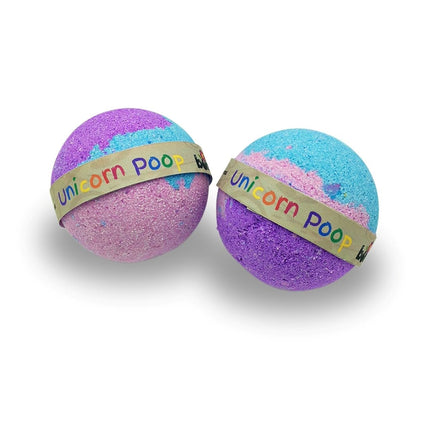 Two colorful bath bombs labeled Unicorn Poop Bubble Bath Bomb all Natural Bath Time Fun! helping families thrive with tools to calm connect and support