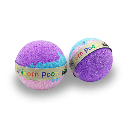 Unicorn Poop all Natural Fizzing Bubble Bath Bomb set of 6 Fun Time Bath Pack with vibrant purple and blue colors.