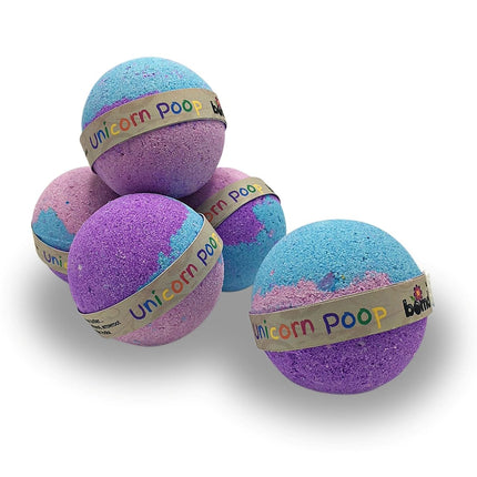 Five colorful bath bombs with labels reading Unicorn Poop Bubble Bath Bomb all Natural Bath Time Fun!