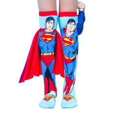 Child wearing colorful Superman Socks with vibrant red cape design, helping families thrive with tools to calm, connect and support.
