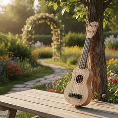 Acacia wood 17-inch Playable Ukulele Mini Guitar, lightweight and portable. Features comfortable nylon strings, includes a pick, and has open-style tuning pegs for precise tuning. Suitable for beginners and music enthusiasts, a popular gift choice for hol Dropshipzone