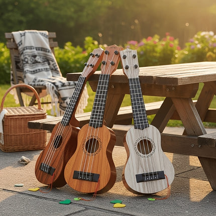 Acacia wood 17-inch Playable Ukulele Mini Guitar, lightweight and portable. Features comfortable nylon strings, includes a pick, and has open-style tuning pegs for precise tuning. Suitable for beginners and music enthusiasts, a popular gift choice for hol Dropshipzone