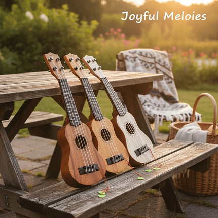 Acacia wood 17-inch Playable Ukulele Mini Guitar, lightweight and portable. Features comfortable nylon strings, includes a pick, and has open-style tuning pegs for precise tuning. Suitable for beginners and music enthusiasts, a popular gift choice for hol Dropshipzone