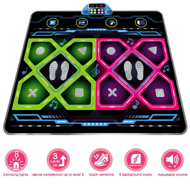 Double Dance Pad LED Rhythm Game Mat with colorful lights, touch-sensitive panels, and adjustable volume controls.