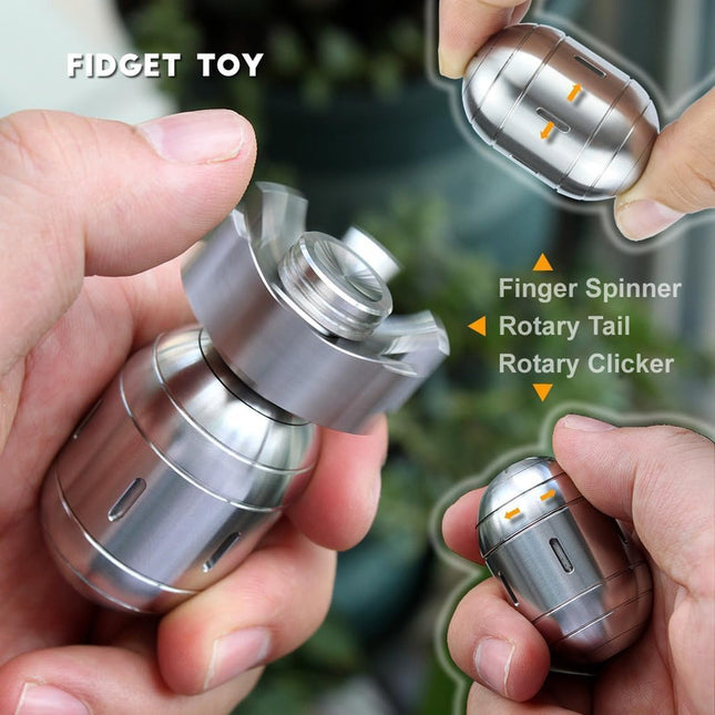 Atomic Bomb Fidget Spinner 3 in 1 EDC Clicker Toy Stainless Steel held in hands with spinning motion, sensory tool.