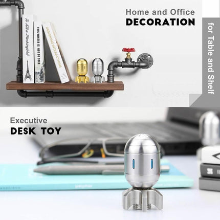 Atomic Bomb Fidget Spinner 3 in 1 EDC Clicker Toy Stainless Steel displayed on desk with office decor, calming tool.
